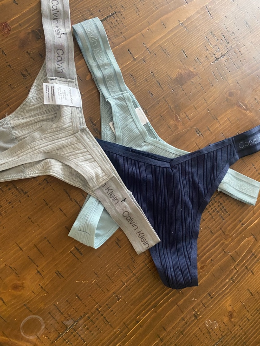 Calvin Klein Three Pack Ribbed Thongs - Light Gray + Navy + Mint